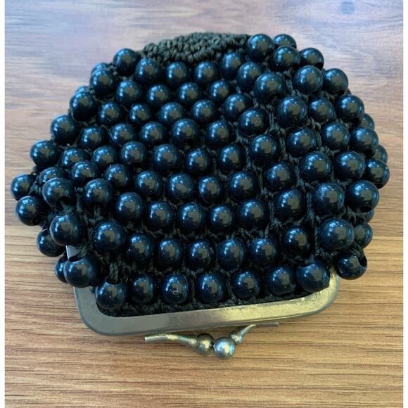 Vintage 1940s 50s Black Beaded Crochet Change Purse Kiss Lock Large Beads - Picture 3 of 9